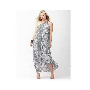 Lane Bryant Black and White Pleated Paisley One Shoulder Maxi Dress SZ 22
